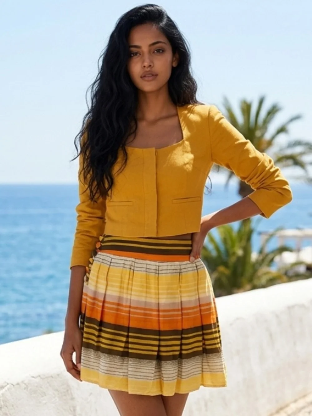 FRENCH CONNECTION Skirt Pleated Mini Striped Cotton Orange Brown Yellow